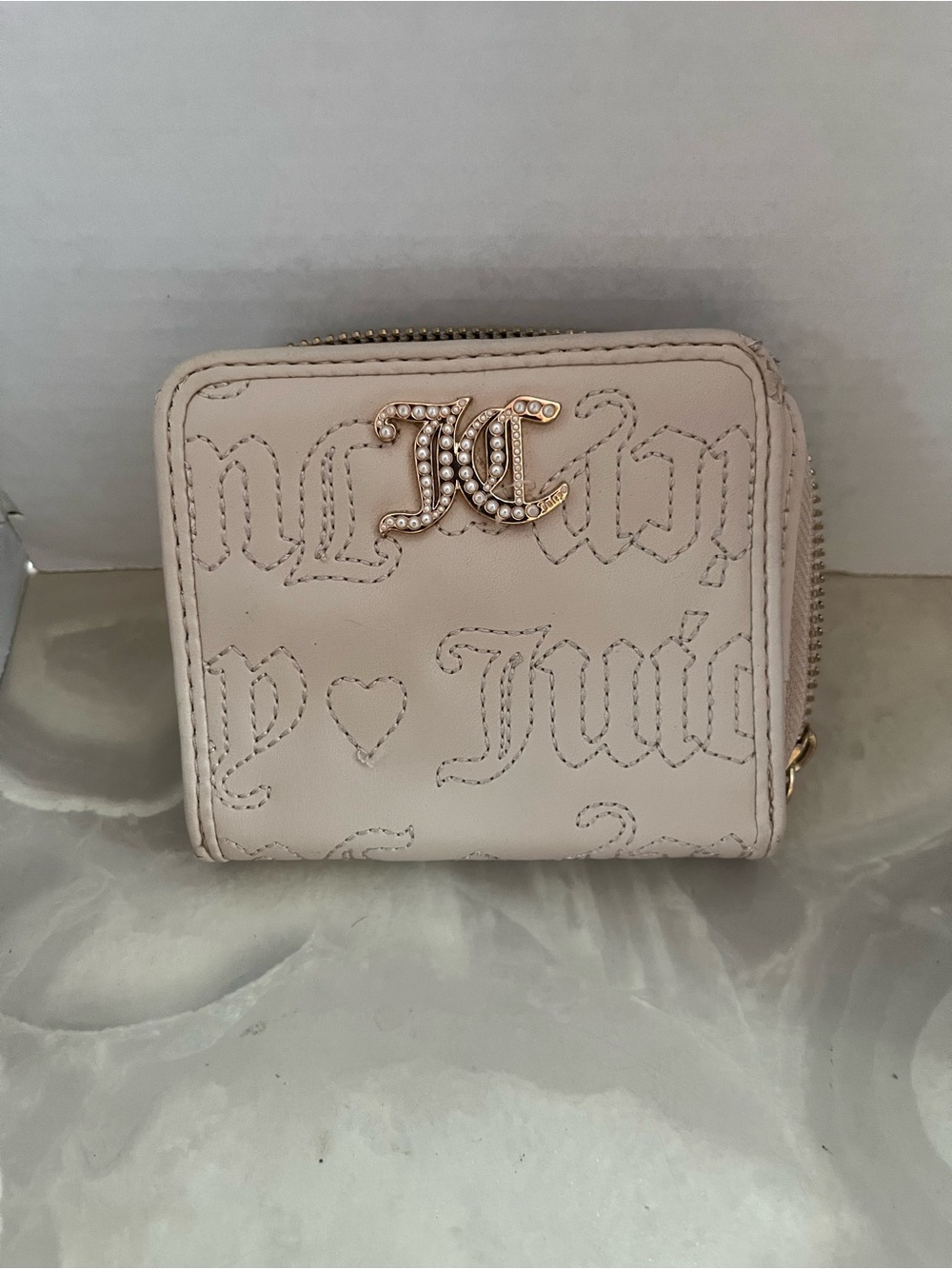 Juicy Couture Cream Zip-Around Wallet with Pearl JC Logo